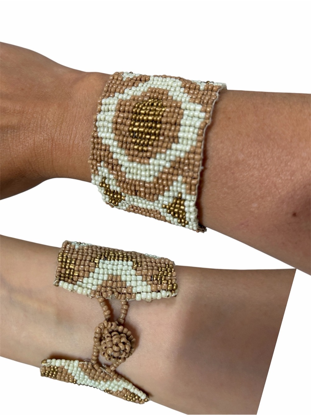 Beaded Toggle Bracelet Aztec geometric pattern in Cream and Tan